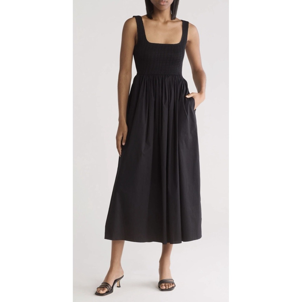 WAYF Smocked Fit and Flare Tank Midi Black Sundress Large Poplin Pockets